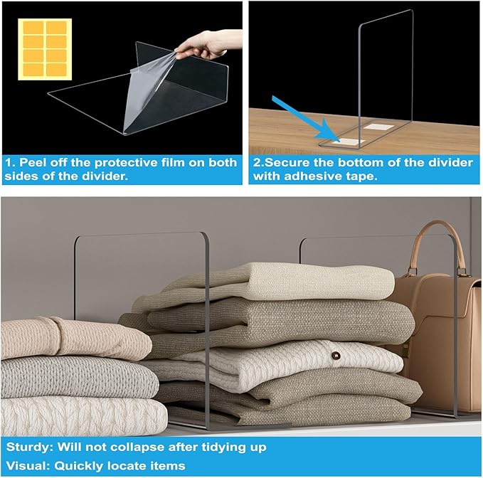 OKPOW Shelf Dividers Closet Organizer - 7.5" Tall X 11.8" Deep Acrylic Clear Sturdy Separate for Clothes Purse - Adjustable Space Saver Easy Install for Home Organization Enthusiasts 4 Pack