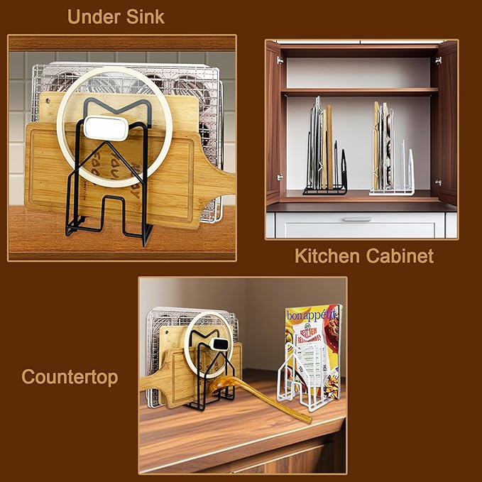 SUNFICON Cutting Board Rack Chopping Board Organizer Pot Pan Lids Holder Thin Bakeware Baking Tray Drying Display Stand Kitchen Countertop Cupboards Cabinet Office Sturdy Metal 4.92x5.7x8.47 in.White