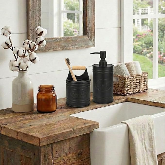 Autumn Alley Rustic Bathroom Accessories Set - Farmhouse Soap Dispenser and Toothbrush Holder Set - Western Bathroom Accessories, Farmhouse Decor for Bathroom Countertop, Galvanized Black