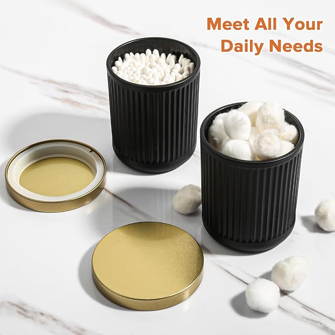 Matte Black and Gold Bathroom Accessories Set, 4 Pack Glass Bath Accessory Sets Complete, Ribbed Soap Dispenser and Toothbrush Holder Set with 2 Qtip Holders, Modern Gold Bathroom Decor