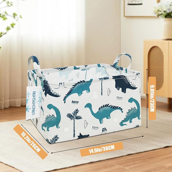 LANGYASHAN Rectangular Storage Bin Collapse Canvas Fabric Cartoon Storage Basket with Handles for Organizing Home Kitchen Boys and Girls Toys Office Closet Shelf Baskets (Rec green dinosaur)