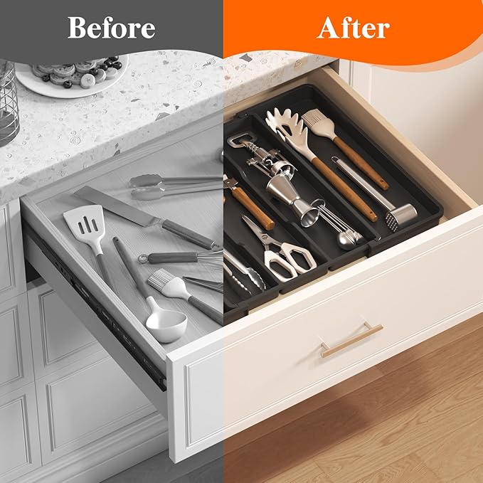 Lifewit Utensil Organizer for Kitchen Drawers, Expandable Cooking Utensil Tray, Adjustable Cutlery Silverware Flatware Holder, Plastic Spatula Tools Storage Divider, Black, 12.9"-22.8" x 16.5"