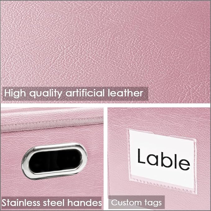 PRANDOM Collapsible Storage Box with Lid [1-Pack] Leather Fabric Foldable Storage Bin Organizer Container Basket Cube with Cover for Home Bedroom Closet Office Nursery Pink (22.8X15.7X11.8)