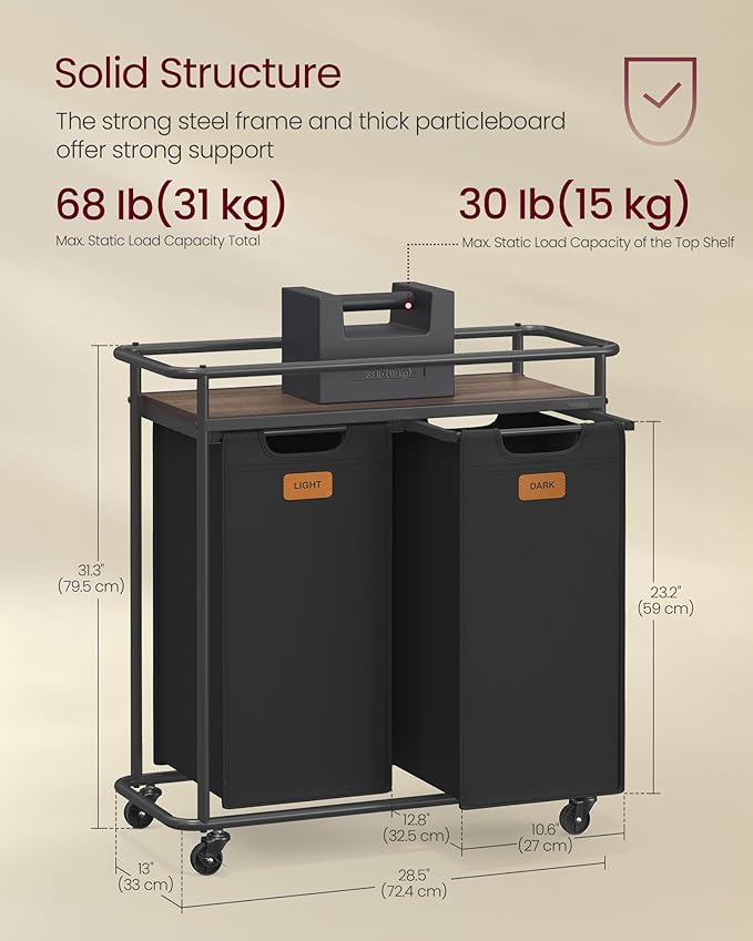 VASAGLE Laundry Sorter, Laundry Hamper with Wheels, 26.4 Gal. (100 L) Portable Rolling Cart Baskets with Shelf, 2 Removable Liners and 6 Labels, Ink Black and Chestnut Brown UBLH102BH01
