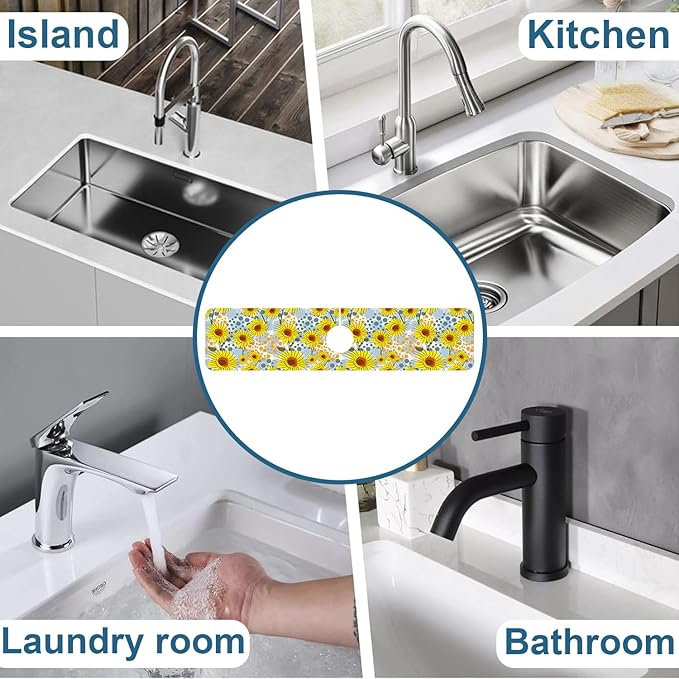 Watercolor Sunflowers Sink Splash Guard Faucet Mat Sunflowers Polka Dots Super Absorbent Fast Drying Mat Sink Gadgets-Splash Guard Behind Faucet Drip Catcher for Kitchen Bathroom, 23.5"x5.5"