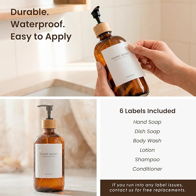MaisoNovo Glass Dish Soap Dispenser for Kitchen Set of 2-16.9oz Amber Dish and Hand Soap Dispenser Set for Kitchen - Amber Glass Bottles x 2 with Black Bamboo Pumps & Tray