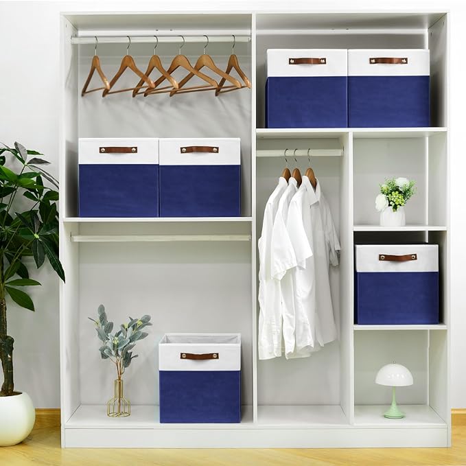 6-Pack Storage Cubes with Handles & Label Holders Basket, Closet Cube Home Organizer Bins(White/Blue, 13 x 13 x 13 inch)