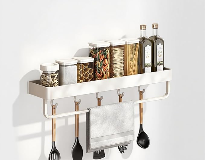 SEIDO Space-Saving Kitchen Utensil Holder | No-Drill Shelf Organizer | Wall Mount Spice Rack with Hooks & Bar for Bathroom | Space Aluminum | 12 Inch Long | White