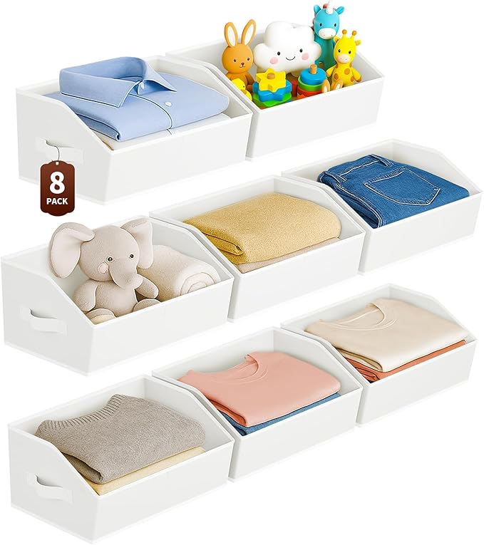 Large Closet Organizers and Storage Bins - 8 Pack Trapezoid Storage Baskets for Shelves, Foldable Fabric Baskets with Handles Ideal for Closet, Basket, Wardrobe and Shelf Storage, Light Grey