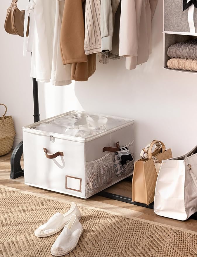 StorageWorks Shoe Organizer for Closet, Fits up to 16 Pairs, Shoe Cubby Storage Containers with Side Mesh Pocket and Clear Cover, Beige