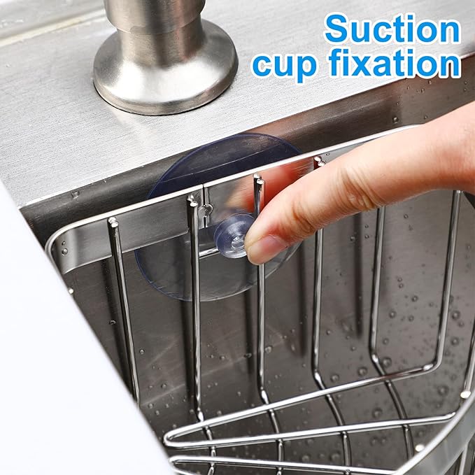 Veemoon Suction Corner Stainless Steel Caddy, Kitchen Sink Sponge Holders And Organizers No Drilling Corner Rack Movable Faucet Basket - Strong Adsorption - for Shower Bathroom Kitch, 6. 29x4. 52x3.
