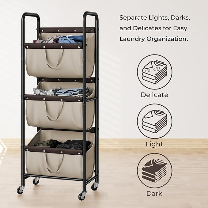 GRANNY SAYS 3 Tie Laundry Sorter, Laundry Basket with Wheels, Laundry Room Organization and Storage, 3 Section Rolling Laundry Cart for Dorm, Bathroom, Bedroom, Closet, Light Khaki
