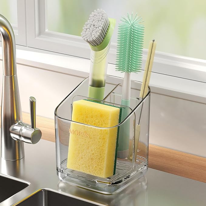 Minimalist Sponge Holder for Kitchen Sink, 3 Slots Sink Caddy with Removable Divider and Drip Tray, Clear PET Countertop Organizer to Free up Kitchen Sink Space