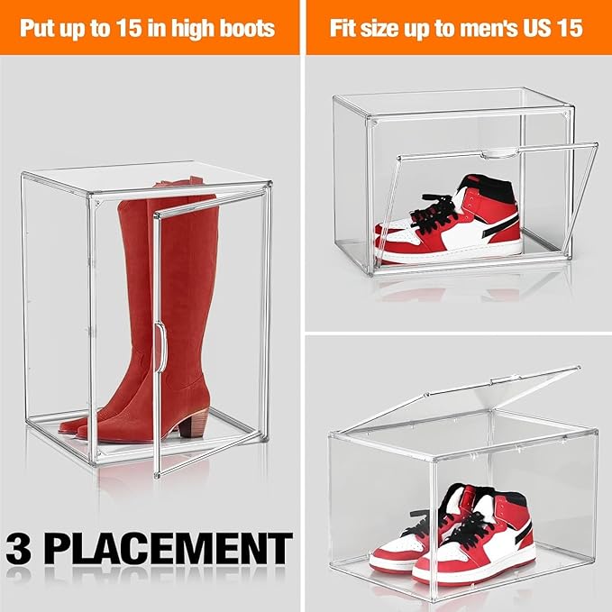 Tall Boot Storage Box 5 Pack, XX-Large Acrylic Shoe Box Sneaker Display Case 11.4'' x 9.8'' x 15.3'' Protection Organizer for Collectibles Clear Plastic Stackable Handbag Organizer with Magnetic Lids