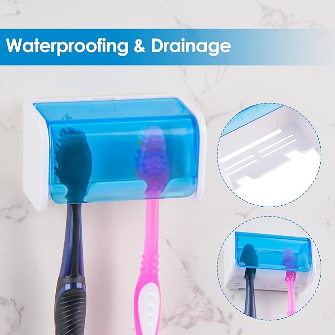 Toothbrush Holder Wall Mounted with Cover for Bathroom, 2 Slots Toothbrush Storage Organizer for Shower, Self Adhesive Toothbrush Hanger Rack for Dorm, Cabinet (Blue)