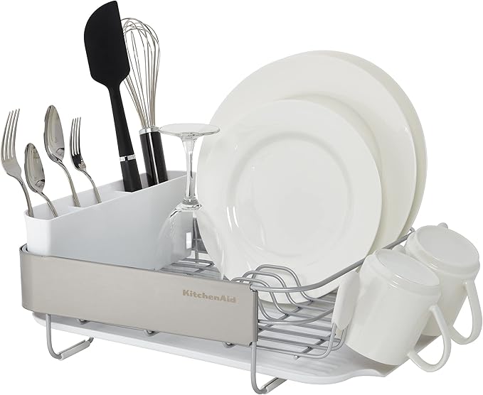 KitchenAid Compact Satin Wire Rust Resistant, Expandable Dish Rack with Angled Self Draining Drainboard with Removable Flatware Caddy, 23.18-Inch, Gray
