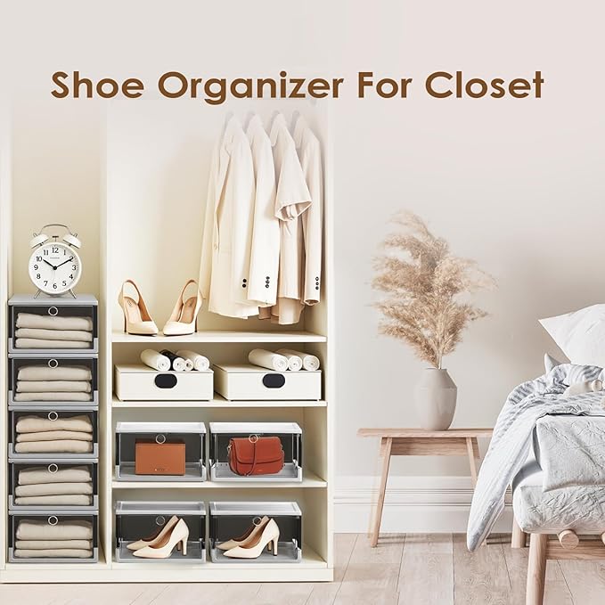 Thicken & Sturdy Clear Shoe Boxes with Magnetic Door, 3 Pack Stackable Multi-functional Shoe Storage, Shoe Organizer for Closet, Space Saving, 360 ° Dustproof & Moisture-proof, Fits Up to US Size 13