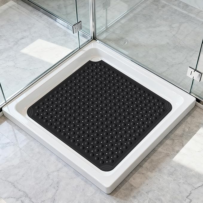 OTHWAY Square Shower Mat 32x32, TPE Non-Slip Shower Mats with Drain Holes and Suction Cups, Walk-in Mat for Inside Shower Stall, Anti-Slip for Elderly Kids (Black)