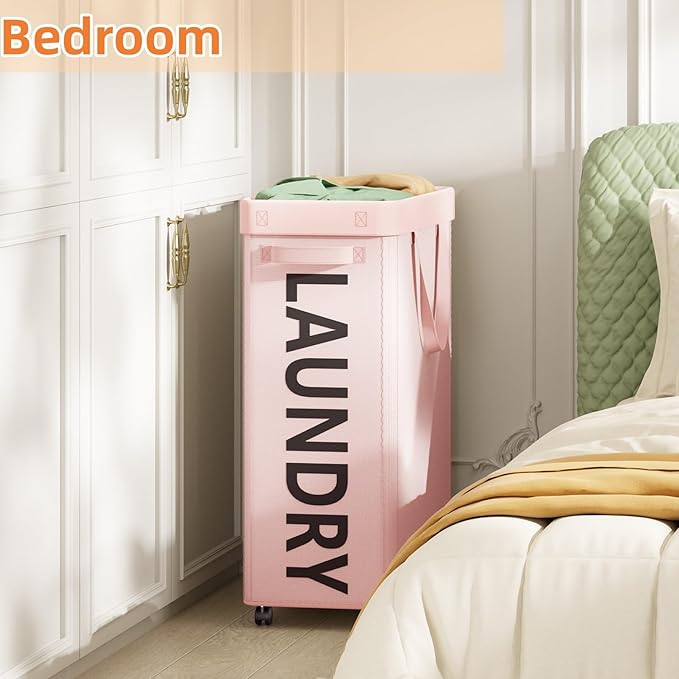 Pink Laundry Basket with Wheels, Dorm Room Essentials for Girls, 90L Rolling Laundry Hamper with Wheels and Removable Mesh Bag for Clothes, Bedroom, Bathroom, College