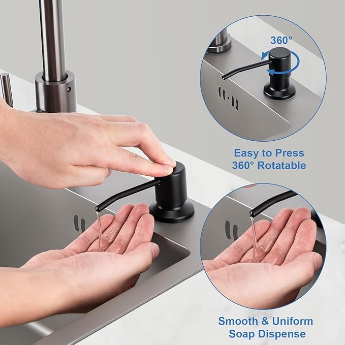 Soap Dispenser for Kitchen Sink, Built in Sink Soap Dispenser (Matte Black), Countertop Dish Soap Dispenser Stainless Steel Pump with 47" Extension Tube kit, No Need to Frequent Refills