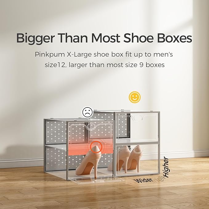 Pinkpum 18 Pack X-Large Shoe Storage Boxes Fit Size 12, Shoe Organizer for Closet Clear Plastic Stackable Shoe Dispaly Case Holder Bins, Sneaker Storage for Sneakerheads Grey