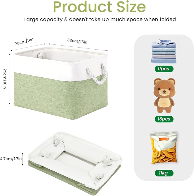 Large Storage Baskets- 15x11x10 inch Storage Bins for Shelves and Closet Organizing, Foldable Fabric Bin for Home Organization Clothes and Laundry (6-Pack, White&Green)