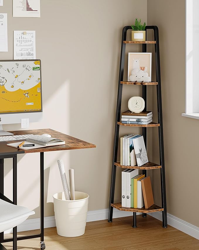 Corner Shelf, 5-Tier Ladder Corner Shelf, Ladder Bookshelf, 59.6" Tall Vertical Display Stand, Metal Frame Bookshelf, for Living Room, Bedroom, Kitchen, Rustic Brown and Black TCJ20BF