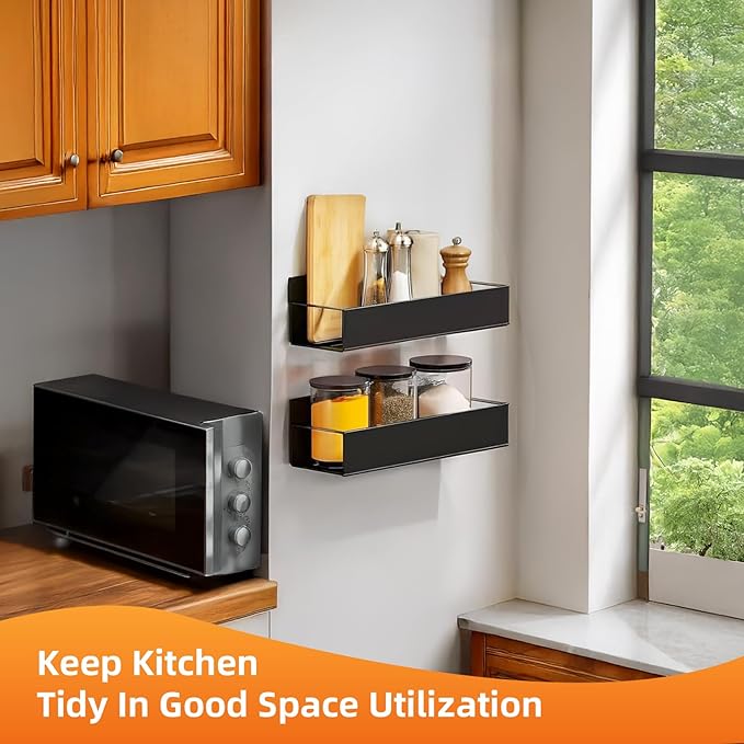 Kitchen Spice Rack for Wall: 2 Packs Black Adhesive Spice Racks Wall Mount - 11.8" Large Hanging Storage Organizer Cabinet Without Drilling for Work Room Bathroom Shelves