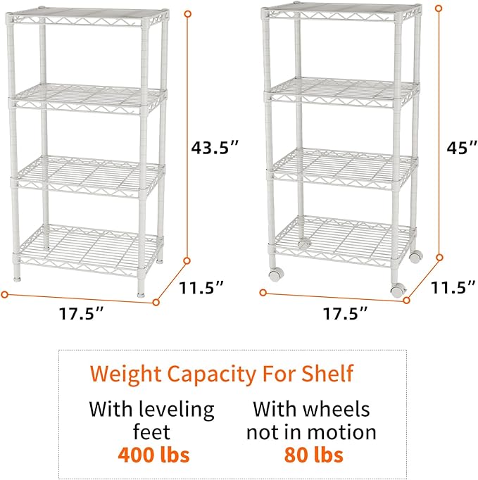 SINGAYE 4 Small Shelves Storage Shelf Wire Shelving Unit Metal Shelf Adjustable Organizers Storage Shelving with Wheels for Bathroom Laundry Room Kitchen Pantry11.5”D x 17.5”W x 30.5”H White