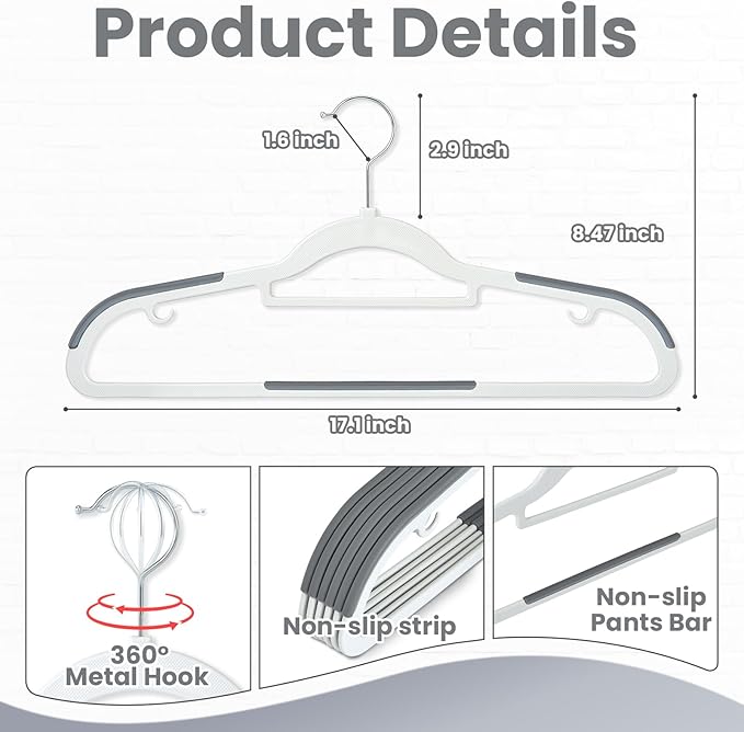 Edergoo Plastic Hangers 30 Pack, Slim Hangers Non Slip for Closet, Non-staining Space Saving Hanger, 17.1 inches Coat Hanger Heavy Duty Hanging Dry Wet Clothes, Gray
