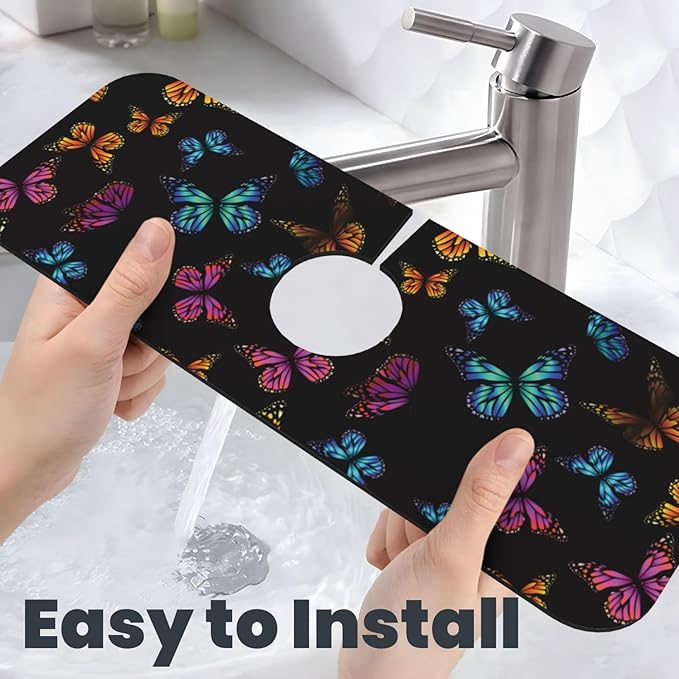 Butterfly Abstract Butterflies Kitchen Sink Splash Guard Faucet Mat Super Absorbent Fast Drying Mat Sink Gadgets-Fast Drying Pad Sink Mat For Kitchen Bathroom (15" X 5.5" )