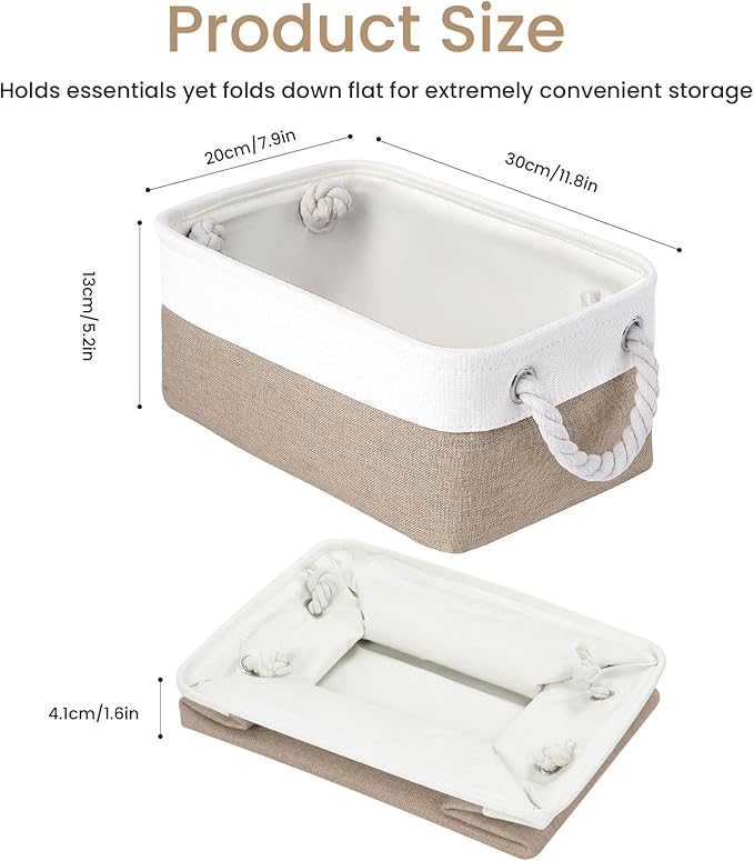 Storage Baskets for Shelves 11.8x7.9x5.2 Inch, Foldable Fabric Storage Bins with Handles, Small Storage Baskets for Organizing Closet, Office, Home Organization (1-Pack, White&Khaki)