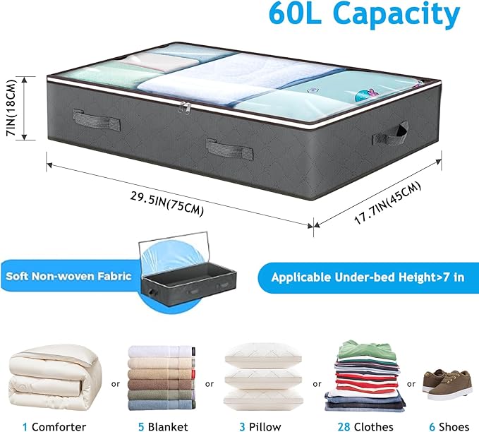 Budding Joy 60L Under Bed Storage Containers, Storage Bins with Clear Lids, Foldable Closet Organizers for Clothes, Blankets, Shoes, Bed Sheets, Comforter, Wrapping Paper, Home Dorm Storage