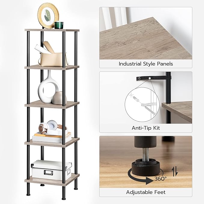 HOOBRO 5-Tier Corner Shelf Stand, Corner Square Rack Display Shelf, Tall Storage Rack Plant Stand, Bookcase for Small Spaces, Living Room, Home Office, Kitchen, Greige and Black BG50CJ01