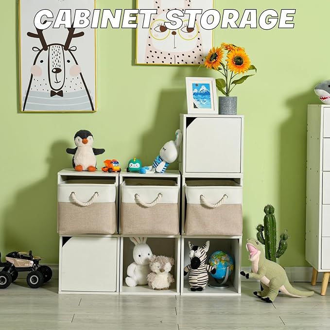 Storage Bins 3 Pack, Fabric Storage Basket for Collapsible Medium Canvas Storage Baskets for Organizing Shelf Nursery Home Closet with Cotton Rope Handle 15(L) x 11(W) x 9.5(H) inch(White&Khaki-3PCS)