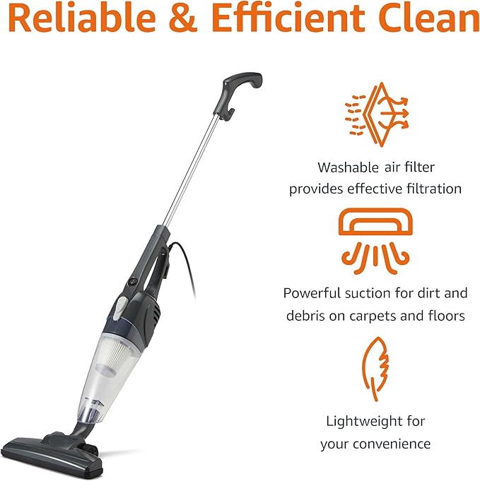 Amazon Basics 2-in-1 Corded Stick Vacuum Cleaner, Convertible to Handheld, Lightweight (3.9 LBS), with Washable Filter, Crevice Tools, 0.5L Dust Cup, 19.7-Ft Cord, 300W, Black