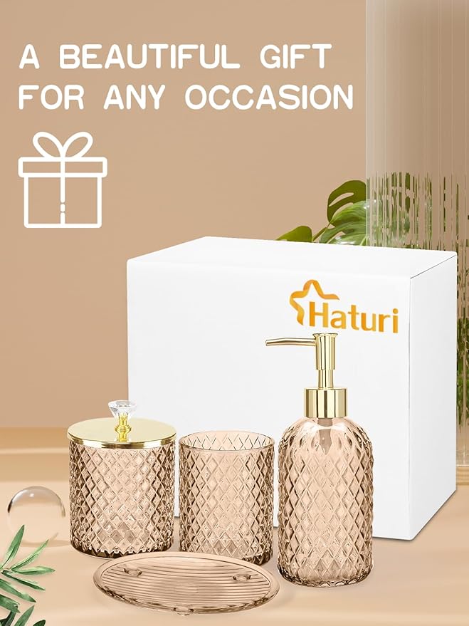 Haturi Amber Brown Bathroom Accessories Set, 4Pcs Glass Bathroom Accessory Set Complete w/Soap Dispenser, Toothbrush Holder, Qtip Holder, Soap Dish, Gold Bathroom Decor Sets, Gift for Home Apartment