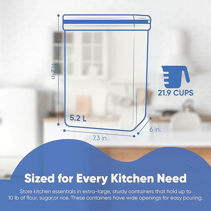 Chef's Path Large Airtight Food Storage Containers with Lids, Pack of 2, 5.2L, 175Oz, Airtight Kitchen and Pantry Bulk Canisters for Flour, Sugar, Rice, and Baking Supplies - Transparent