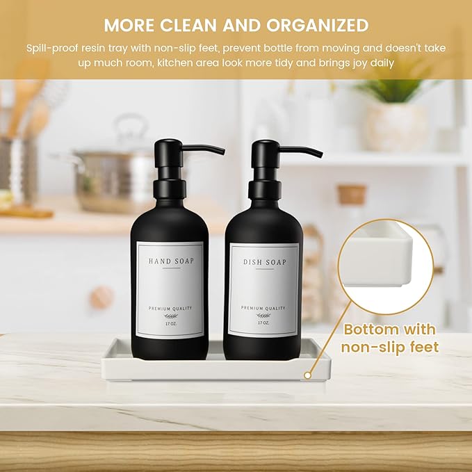 Glass Soap Dispenser for Kitchen, Farmhouse Dish Soap Dispenser&Hand Soap Dispenser Set,Rustproof Pump Lotion Dispenser Bathroom with Tray,Waterproof Label for Kitchen Decor(Black