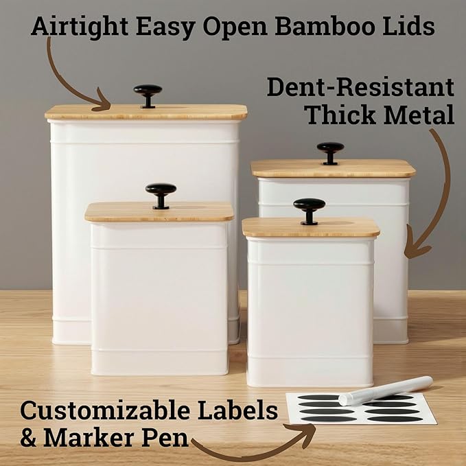 Kitchen Canisters for Countertop Set of 4 with Customizable Chalkboard Labels & Marker Pen - Big Iron Kitchen Canisters with Airtight Lids - Canisters Sets for the Kitchen - White Kitchen Canister Set