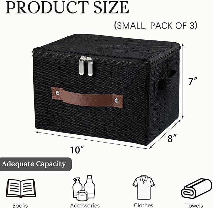 3 Pack Storage Bins with Zipper Lid Fabric Lidded Storage Boxes Baskets Cubes Washable Collapsible PU Leather Handle Cotton Linen Fabric Shelf Closet Organizer Container(Black, Small Size)