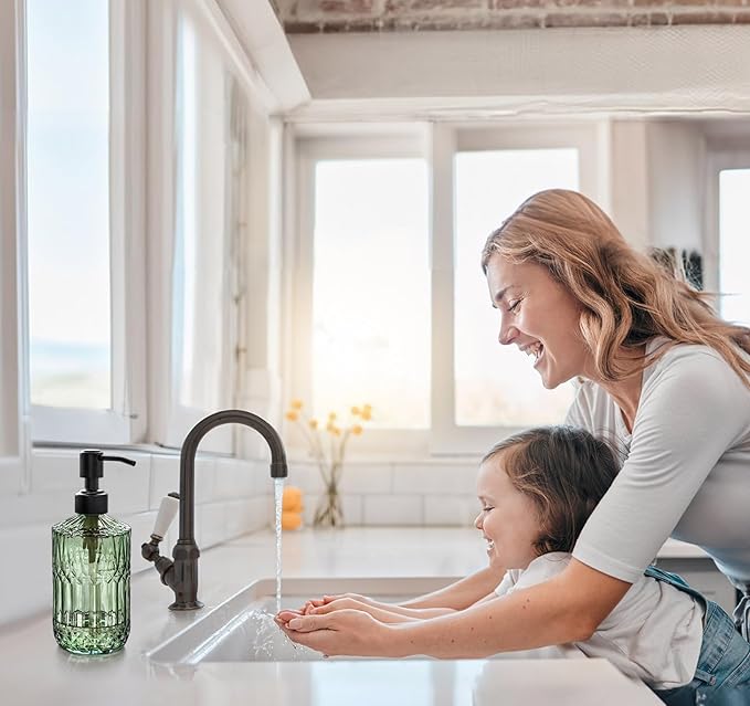 JASAI 18Oz Green Soap Dispenser with Black Rust Proof Pump, Refillable Kitchen soap Dispenser with Thick Glass, Soap Dispenser Bathroom for Hand soap, Dish Soap, Lotion, Body Wash.
