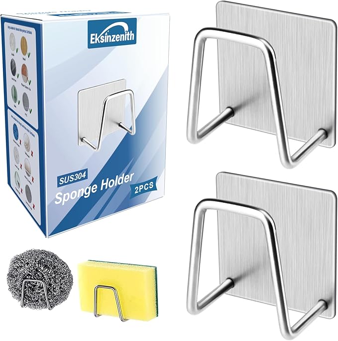 2Pcs Sponge Holder for Kitchen Sink，Strong Adhesive Small Sponge Holder，Sink Holder for Brush and Sponge，Premium Rustproof SUS304 Stainless Steel Rust Proof Waterproof (Silver)