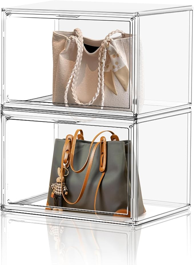 XX-Large Clear Handbag Storage Organizer for Closet 15.3‘’ Tall Acrylic Display Case Clear Purse Organizer Stackable Storage Box for Boots, Big Tote Bag, Collectibles, Cosmetic, 2 Pack