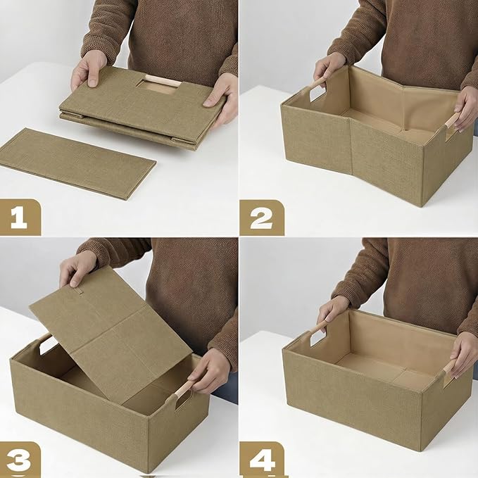 Foldable Fabric Storage Basket for Shelves, Linen Decorative Storage Bin with Wooden Handles, Small Organizer Cube for Closet, Rectangle Canvas Box for Organizing, Decor, 15x10.6x6 Inches (Brown)