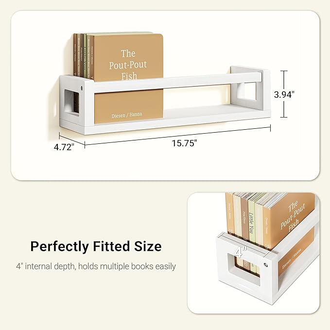Upgraded Thick Floating Shelves, Solid Wood Bookshelf for Wall, Floating Book Shelves Use as Wall Shelves for Bedroom, Kids Room, Nursery, Books, Spice Rack & Decor - White