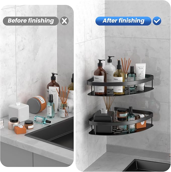 Lanlord Wall Mounted Shower Organizer - 2 Pack No Drilling Adhesive Corner Shelf, Bathroom Shower Shelves With Hooks, Suction Cup (Black 2LBAT)