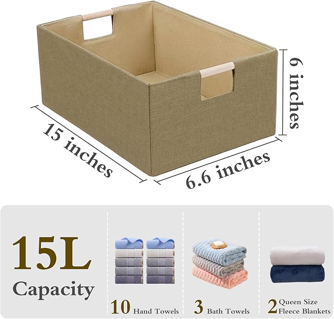Foldable Fabric Storage Basket for Shelves, Linen Decorative Storage Bin with Wooden Handles, Small Organizer Cube for Closet, Rectangle Canvas Box for Organizing, Decor, 15x10.6x6 Inches (Brown)