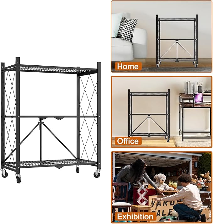 3 Tier Foldable Metal Storage Shelf with Wheels, 300 LBS Heavy Duty Collapsible Wire Shelving Unit, Rolling Utility Rack Cube Bookshelf for Kitchen Pantry Office Garage, 31.5" x 13" x 27" Black