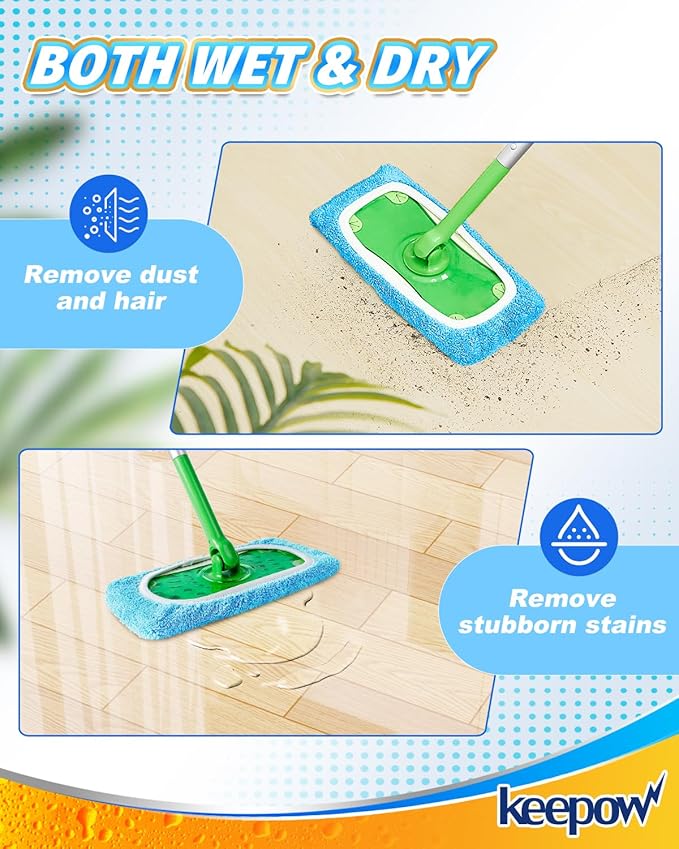 KEEPOW Reusable Dry Sweeping Cloths Microfiber Wet Pads Refill Compatible with Swiffer Sweeper Mop, Machine Washable Sweeping Mop Pads for Use on All Floors - Stone, Hardwood, Laminate & Tile (6 Blue)